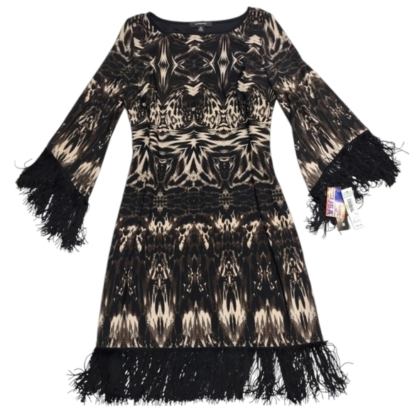R&M Richards Dresses & Skirts - R&M Richards Black Brown White Fringe Dress Size 10 NWT
